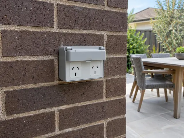 Outdoor double power point on a brick wall beside a tiled patio and outdoor dining set in Mona Vale