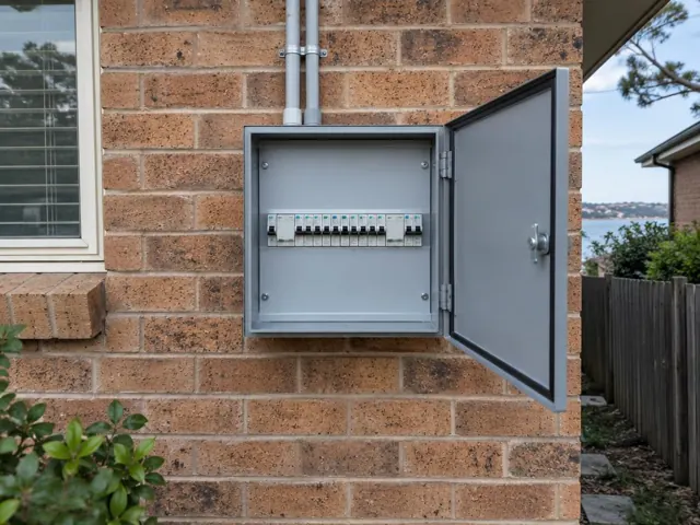 Open external switchboard on a brick house wall with circuit breakers in Narrabeen